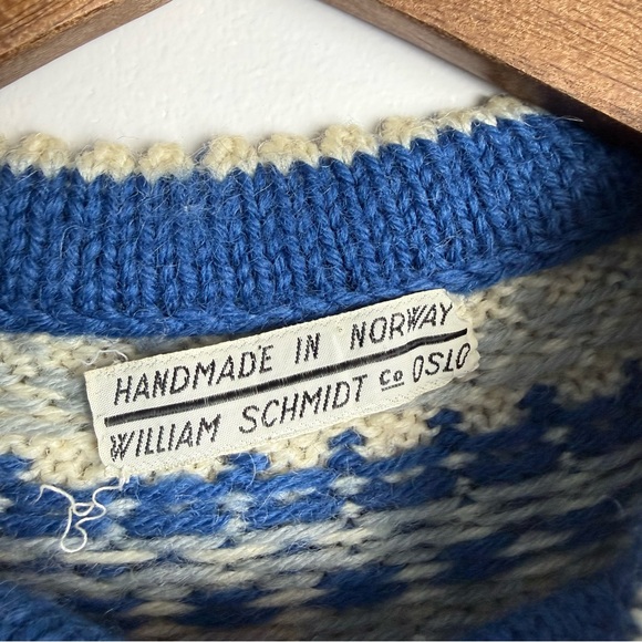 Vintage William Schmidt Norwegian Wool Sweater Blue Nordic Fair Isle Cardigan - Picture 8 of 9